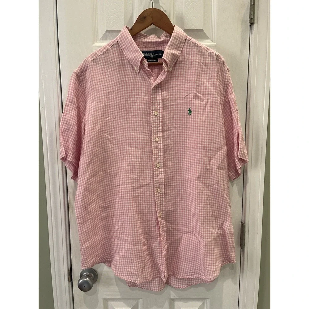 Polo Ralph Lauren Classic Fit 100% Linen Pink White Check XL‎ Green Pony Oxford